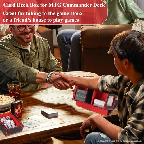 Card Deck Box for Trading Cards with Dice Storage, Double window separation Box Holds 200+ Single Sleeved Cards, PU Leather Magnetic Closure Storage Case for Magic Commander TCG CCG (Black&Red)
