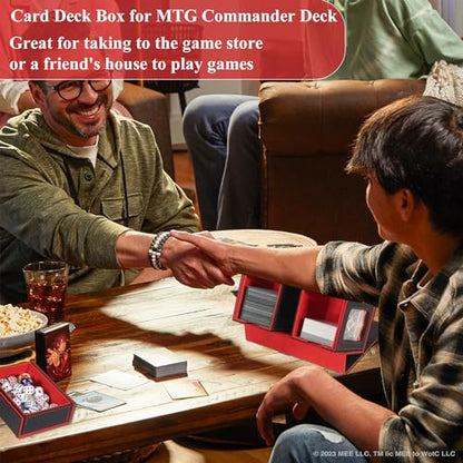 Card Deck Box for Trading Cards with Dice Storage, Double window separation Box Holds 200+ Single Sleeved Cards, PU Leather Magnetic Closure Storage Case for Magic Commander TCG CCG (Black&Red)