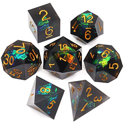 Haxtec DND Dice Set Black Sharp Edge Resin Dice with Dice Case Iridecent D&D Dice for RPG Compatible with Dungeons and Dragons DND Gift-Black Galaxy - color: Black Green