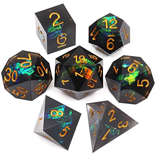 Haxtec DND Dice Set Black Sharp Edge Resin Dice with Dice Case Iridecent D&D Dice for RPG Compatible with Dungeons and Dragons DND Gift-Black Galaxy - color: Black Green