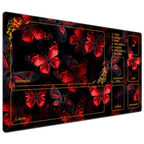 DEGDFSGR for MTG Playmat with Zones 24 x 14 inches for TCG Playmats Non-Slip Rubber Base Commander Play Mat for MTG Mat Iorcana Trading Card Game, Black Red Catocala Butterflies - color: Black Red Catocala Butterflies, size: 24" x 14"