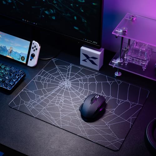 XVX Glass Mouse Pad for Gaming, Black Spider Webs Hard Gaming Mousepad, Professional Large Mouse Mat 16.2" x 12.2", Special Glass Surface with Improved Precision and Speed - color: Black(Spider Webs)