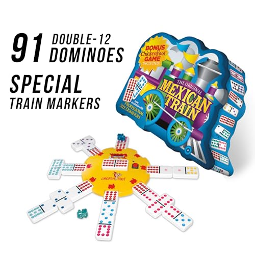 Puremco Mexican Train Double 12 Professional Size Dominoes with Bonus Chickenfoot Game Included Travel Tin Board Game, 91 Tiles, Challenging, Fun Game for Ages 6 Years & Up, Blue