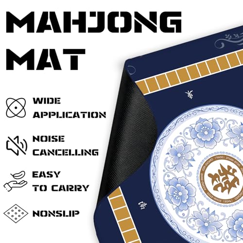 Blue Mahjong Mat for Table (31.5X 31.5 in), Non-Slip Noise Reduction | Mahjong Table Mat with Lotus, Mah Jong Mat with Carrying Bag, Game Table Cover for Mahjongs Poker Dominoes, Birthday Gift - color: Lotus