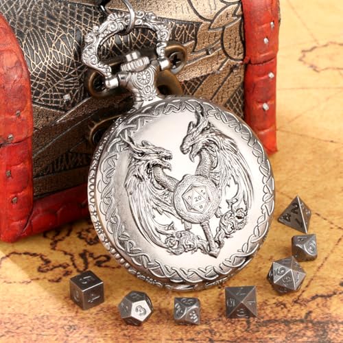 Mini DND Dice Set with Wand and Double Dragon Head Pocket Watch Shell Case, DND Starter Set, 7pcs Polyhedral Mini Metal Dice Set, D&D Gifts with Gift Bag, Role Playing Board Game Accessories, Silver - color: Dark Silver