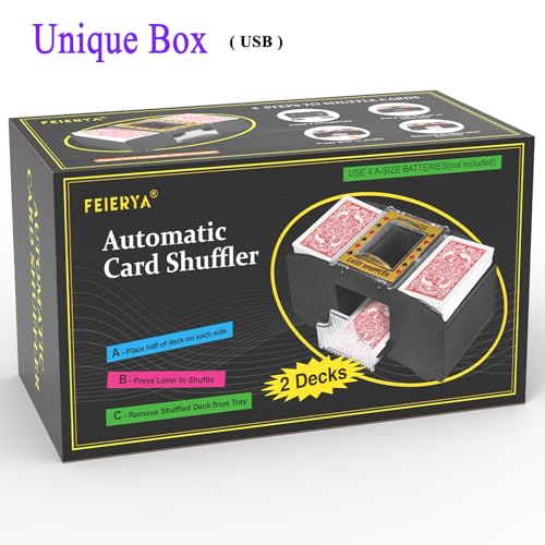 FEIERYA Automatic Card Shuffler 2/1/4/6 Deck | Battery-Operated Electric Playing Card Shuffler,Compatible with UNO,Poker for Home Card Game,Travel - size: 2 Decks USB