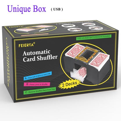 FEIERYA Automatic Card Shuffler 2/1/4/6 Deck | Battery-Operated Electric Playing Card Shuffler,Compatible with UNO,Poker for Home Card Game,Travel - size: 2 Decks USB