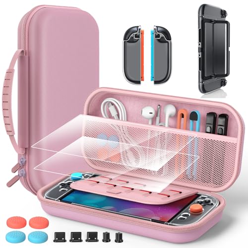 Accessories for Nintendo Switch 2 2025, Portable Hard Shell Carrying Case with 2 HD Screen Protectors (7.9 Inch), TPU Protective Skin, Dust Plugs Kit, 4 Thumb Grips – Switch 2 Accessories Bundle (Switch 2 Pink) - color: Pink