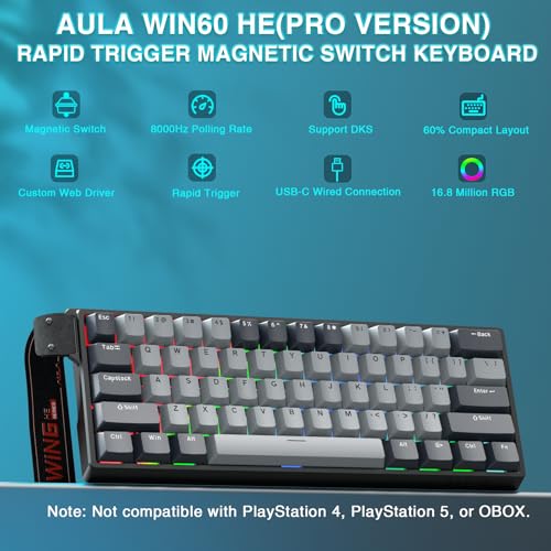 AULA WIN60 HE PRO 60% Mechanical Gaming Keyboard Wired, Magnetic Switch Hot Swappable, Adjustable Actuation Rapid Trigger Mode, 8000Hz Polling Rate, RGB Small Keyboard 60 Percent Compact Design for PC - color: Black Gray, size: Pro Version