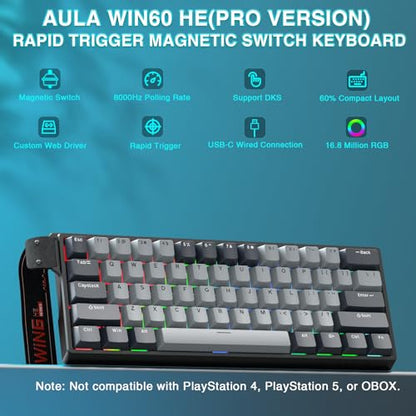 AULA WIN60 HE PRO 60% Mechanical Gaming Keyboard Wired, Magnetic Switch Hot Swappable, Adjustable Actuation Rapid Trigger Mode, 8000Hz Polling Rate, RGB Small Keyboard 60 Percent Compact Design for PC - color: Black Gray, size: Pro Version