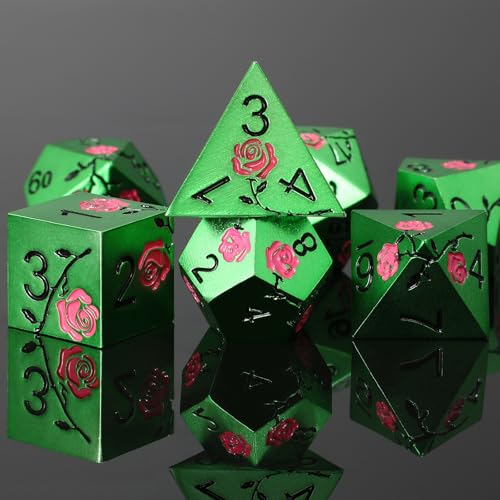 Rose Engraved Metal Dice Set 7PCS for DND RPG Tabletop Gaming | Solid zinc alloy build with 150g weight for balanced rolls(Green with Red Rose) - color: Green With Red Rose