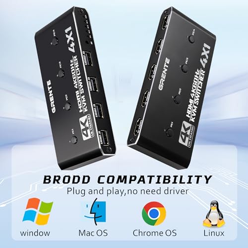 4 Port KVM Switch HDMI 1 Monitors 4 Computers - 4K@60Hz KVM Switcher with USB 2.0, 1 Keyboard 4 Computers Switch Box for Desktop, Mini PC, Laptop, Linux - with 4 HDMI Cables & USB Cables