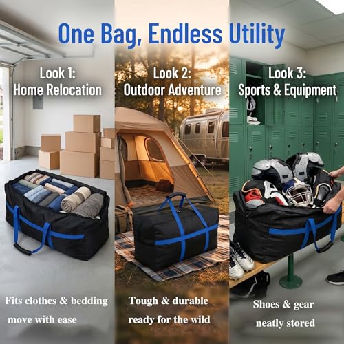 56 Inch Travel Duffel Bag, Heavy Duty 600D Foldable Large Capacity | 600D Water-Resistant Fabric, Reinforced Seams. Padded Handle & Blue Webbing. Folds Flat. For Camping, Gym, Sports & Travel. - size: 56"(L)*15"(W)*27"(H)