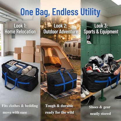 56 Inch Travel Duffel Bag, Heavy Duty 600D Foldable Large Capacity | 600D Water-Resistant Fabric, Reinforced Seams. Padded Handle & Blue Webbing. Folds Flat. For Camping, Gym, Sports & Travel. - size: 56"(L)*15"(W)*27"(H)