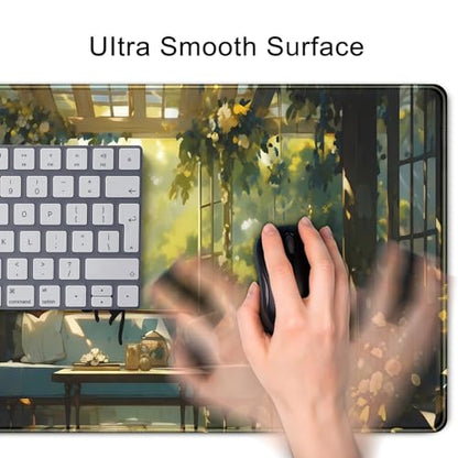 Cute Cat Desk Mat Green Plants Aesthetic Desk Pad Anime Kawaii Gaming Mouse Pad Large Mousepad Extended XL Laptop Keyboard Mouse Mat 31.5"x11.8" with Stitched Edges Non-Slip Rubber Base - color: Cute Cat