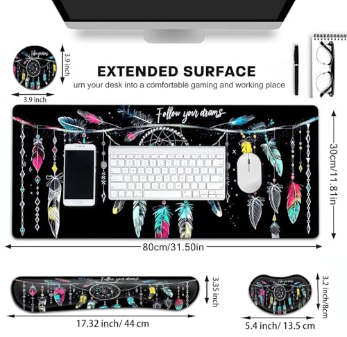 Large Gaming Mouse Pad+ Keyboard Wrist Rest Set, Ergonomics Memory Foam Mouse Mat Wrist Rest Support for Home Office, Waterproof Extended Mousepad 31.5x11.8in, Dream Catcher Black Desk Pad - color: Yvb-mousepad-9-f-167
