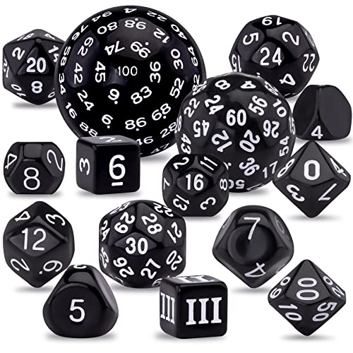 AUSTOR 15 Pieces Complete Polyhedral Dice Set D3-D100 Game Dice Set with a Leather Drawstring Storage Bag for Role Playing Table Games(Black & White) - color: Black & White