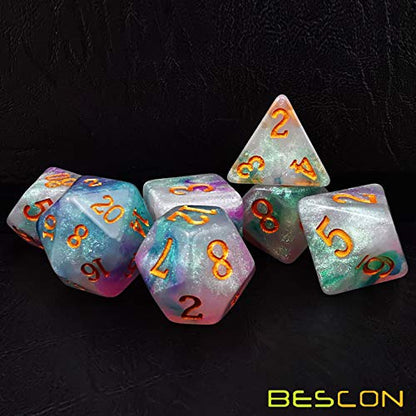 Bescon Magical Stone Dice Set Series, 7pcs Polyhedral RPG Dice Set Fairy Spirit, Black Tinbox Packing - color: Fairy Spirit in Tinbox