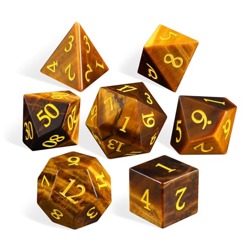 LUCKY-M Gemstone DND Dice Unique, 7PCS Yellow Tiger's Eye Dice Set for Dungeons and Dragons RPG MTG, Polyhedral Stone Dice Sets D&D Men Birthday Gifts - color: Yellow Tiger