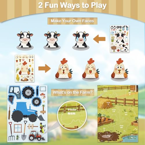 Farm Animal Stickers for Kids and Toddlers, Make-a-Face Sticker Book, 10 Unique Mix‑and‑Match Designs and 1 Scene Card, Goodie Bag Stuffers, Birthday Party Favors, DIY Crafts Supplies - style: Farm