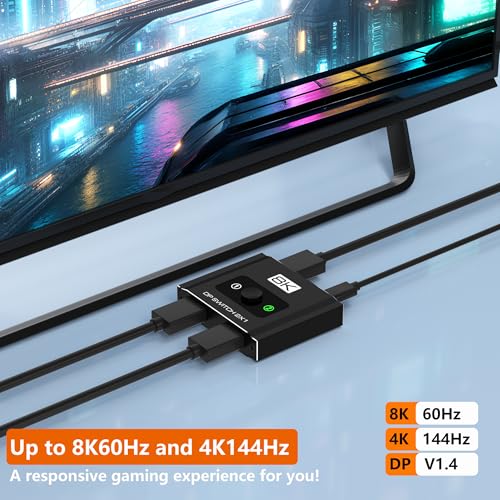 DisplayPort Switch 2 in 1 Out, 8K@60Hz DP 1.4 Switcher Selector Box, Unidirectional Display Port Switcher for Dual PCs & Gaming Consoles, 4K@144Hz DP Switch with DSC Support (DP Cables Not Included) - size: Displayport Switch