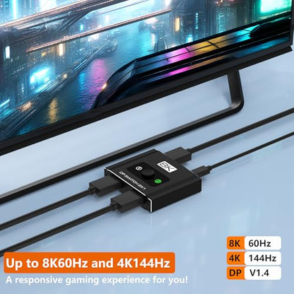 DisplayPort Switch 2 in 1 Out, 8K@60Hz DP 1.4 Switcher Selector Box, Unidirectional Display Port Switcher for Dual PCs & Gaming Consoles, 4K@144Hz DP Switch with DSC Support (DP Cables Not Included) - size: Displayport Switch
