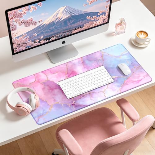Large Gaming Mouse Pad, XL Desk Protector, Non-Slip Base | 31.5x15.7 in Extended Desk Mat with Stitched Edges for Keyboard, Work, Game, Office, Home PC and Laptop - color: Pastel Marble