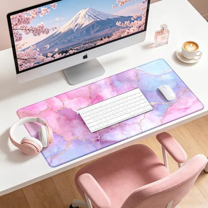 Large Gaming Mouse Pad, XL Desk Protector, Non-Slip Base | 31.5x15.7 in Extended Desk Mat with Stitched Edges for Keyboard, Work, Game, Office, Home PC and Laptop - color: Pastel Marble