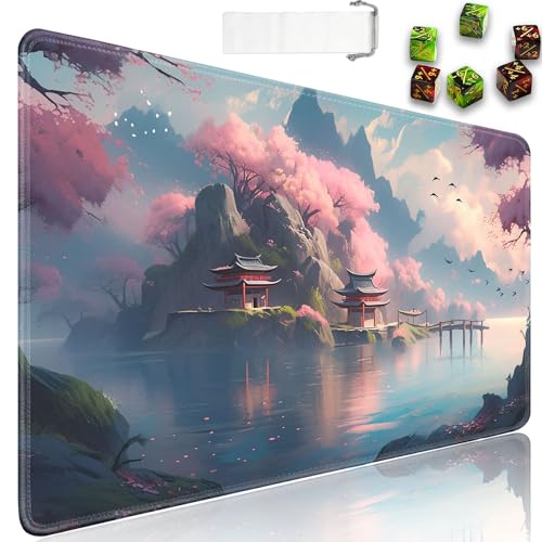 for MTG Playmat + Drawstring Travel Pouch + 6 Dice Counter, for Tabletop Trading Card Game Playmats or Large Mouse Pad, Anti-Slip Rubber 24 x 14 in, Sakura Loft View for TCG Playmat - color: JV-Playmat-1-F-165