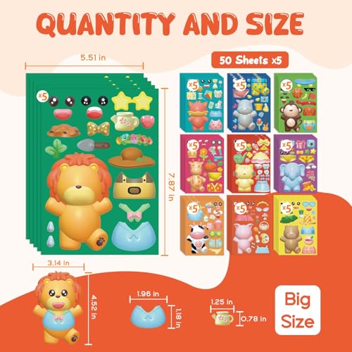 sinceroduct 50 Sheets Make a Face Sticker for Kids, 3D DIY Make Your Own Stickers,10 Styles Animal Face Stickers for Christmas Decoration, Gift, Reward, Travel, Valentine's Day Activities - style: Animal