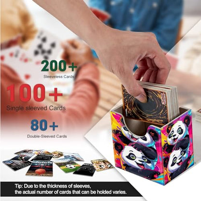 Card Deck Box, Card Storage Box Fits 100+ Single Sleeved Cards, Large Capacity PU Leather Card Storage Box with Strong Magnet for Magic Commander TCG CCG, Cute Panda Playing - color: Cute Panda Playing