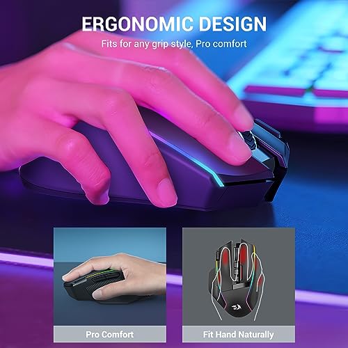 Redragon Wireless Gaming Mouse, Ergonomic Mouse 16000 DPI with Rapid Fire Key, 9 Macro Buttons, 170-Hour Durable Power Capacity and RGB Backlight Wired/Wireless Mouse for Laptop/Mac/PC - color: Deep black