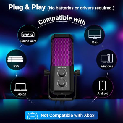 NEEWER UM01 AI Noise Canceling USB Microphone, Plug & Play Cardioid RGB Condenser Mic Mute/Music Sync/App Control for Android Windows PC Mac PS4/5 Gaming Recording Streaming Podcasting Studio Computer