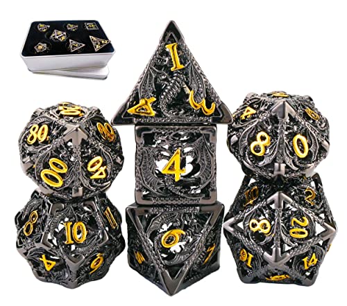 Metal DND Dice Set Dungeons and Dragon Dice Set Hollow Dragon Polyhedral Magic 7 PCS Dice Set with Gift Metal Box for Dungeons and Dragons Table Games Play Cards MTG(Dragon_Black Plus Gold) - color: Dragon_black Plus Gold