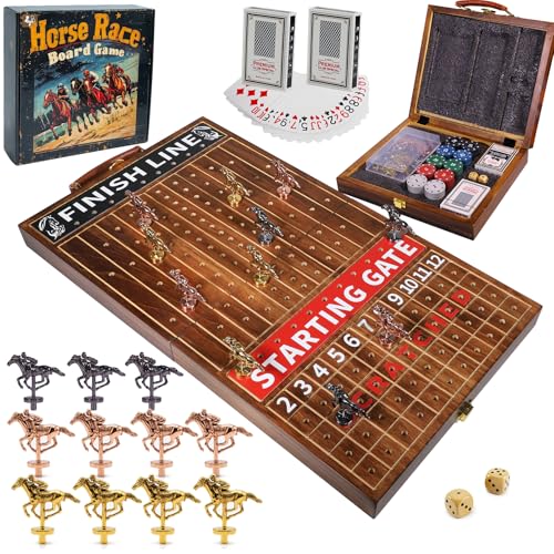 Horse Race Board Game Foldable Solid Wood Horse Racing Game | With 11 Luxury Metal Horses, Cards and Dice for Adults, Finish Line Family Party Game with 2 Dice & 100 Chips (Flame) - color: Large Folding Box-burnt
