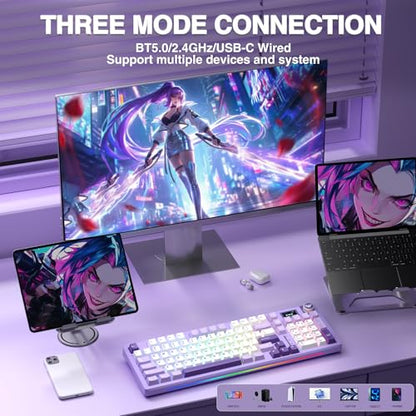 AULA S98 Pro Wireless Mechanical Keyboard with Screen & Knob, Tri-Mode Creamy Keyboard with Number Pad, Pre-lubed Linear Switches, Hot Swappable RGB Backlit Computer Gaming Keyboards for PC/Laptop - color: White&Purple