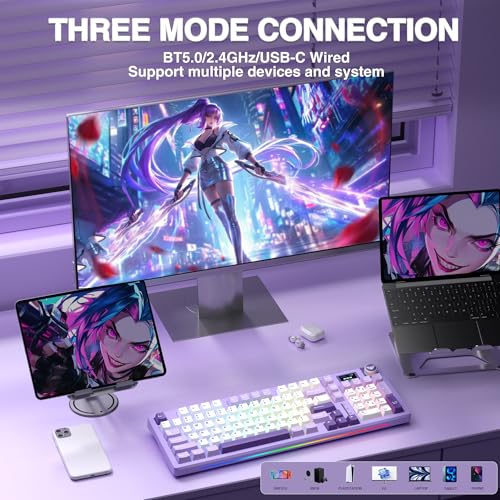 AULA S98 Pro Wireless Mechanical Keyboard with Screen & Knob, Tri-Mode Creamy Keyboard with Number Pad, Pre-lubed Linear Switches, Hot Swappable RGB Backlit Computer Gaming Keyboards for PC/Laptop - color: White&Purple