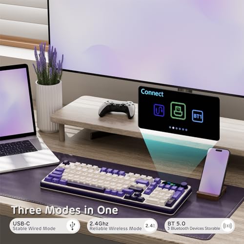 RK ROYAL KLUDGE S98 Wireless Mechanical Keyboard w/Smart Display & Knob | 96% RGB Wireless Gaming Keyboard BT/2.4G/USB-C, Hot Swappable Custom Keyboards, Creamy Sound Silent Computer Keyboard - color: Lavender Purple, size: Linear Silent Switch