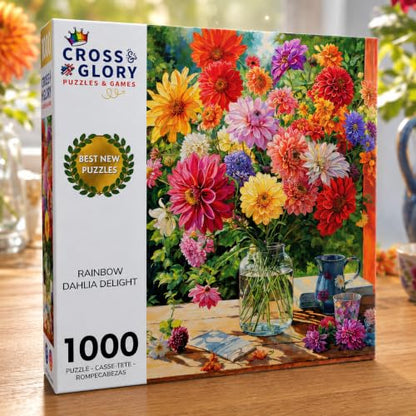 Cross & Glory - Rainbow Dahlia Delight - 1000 Piece Jigsaw Puzzle for Adults | Vibrant Flower Collection | Satin Finish | Challenging & Colorful Art - color: Rainbow Dahlia Delight