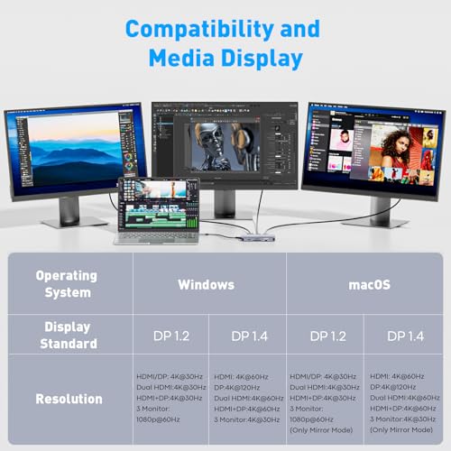 Reborn Docking Station Dual Monitor Adapter, Laptop Docking Station 3 Monitors Triple Display USBC Hub Dongle to 4K60Hz HDMI+DP,1Gbps Ethernet,100W PD,USB C Data,Card Reader,for Dell,HP,Lenovo,Surface