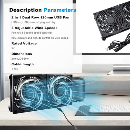 Quiet Dual 120mm USB Fan Dual-Ball Bearings, USB Fan 5V, with L/M/H 3-Degree Speed Controller High Airflow Cooling Fan for Router Modem Receiver DVR PlayStation Xbox TV Box - size: Dual 120mm