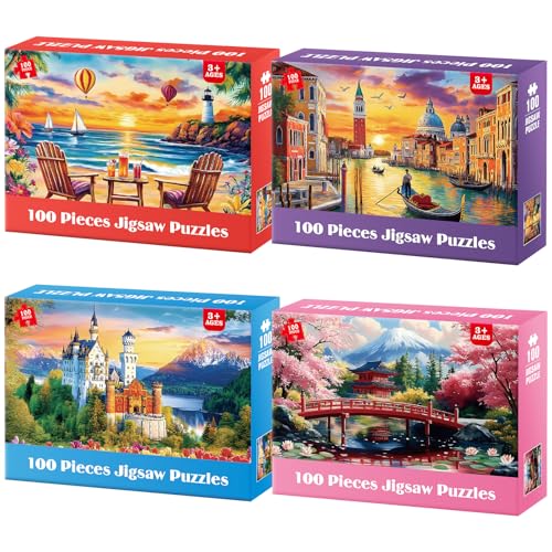 100 Piece Puzzle World Famous Landscapes Jigsaw Puzzles Large Piece Puzzles for Adult Seniors Kids Puzzles for Kids Ages 4-6 6-8 Learning Educational Toys Gifts for Girls Boys 4 Packs - style: World Famous Landscapes