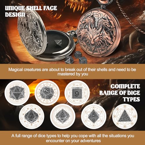D&D Dice Set,7PCS Metal Dice for Dungeons and Dragons,Mini Dice Set with Pocket Watch Case,Role Playing Board Games Accessories (Dragon, Ancient Silver) - color: Ancient Silver, style: Dragon