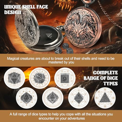 D&D Dice Set,7PCS Metal Dice for Dungeons and Dragons,Mini Dice Set with Pocket Watch Case,Role Playing Board Games Accessories (Dragon, Ancient Silver) - color: Ancient Silver, style: Dragon