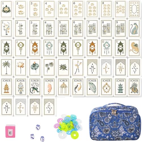 Mahjong Tile Set, 4-Layer American Mahjong Tiles with 50 Chips,3 Dice & Blue Printed Carrying Bag Case, 160 Pcs Mahjong Sets with Acrylic Engraving for Home, Travel & Game Nights - color: Brown