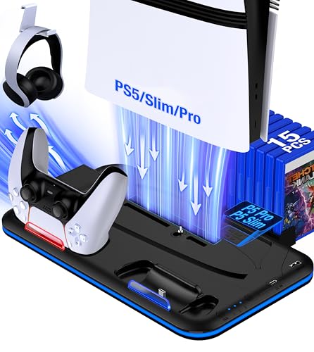 PS5/Slim/Pro Stand and Cooling Station with Controller Charging Station for PlayStation 5 Slim/Pro Console, PS5 Controller Charger, Cooling Stand, LED Light, Headset Holder for PS5 Accessories - color: Black Stand for PS5 Slim/Pro/PS5