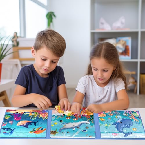 Magnetic Puzzles for Toddlers 3-5 Toddler Puzzle Travel Toys （Sea） | Jigsaw Puzzles for Kids 75-Pieces Travel Toys Sea Puzzles Ages 4-6 Road Car Trip & Airplane Activities - style: Sea
