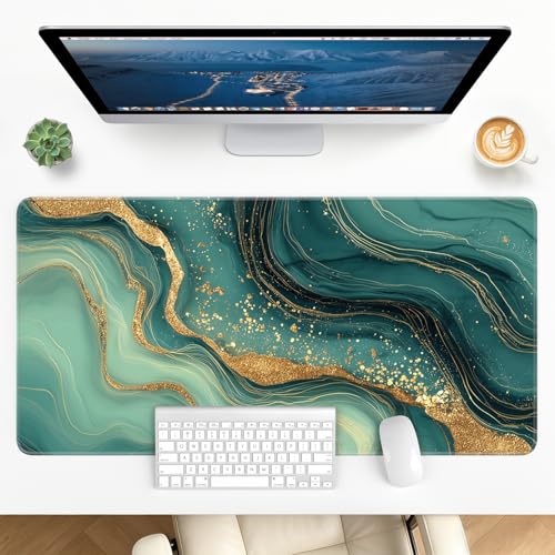 Large Gaming Mouse Pad, XL Desk Protector, Non-Slip Base | 31.5x15.7 in Extended Desk Mat with Stitched Edges for Keyboard, Work, Game, Office, Home PC and Laptop - color: Gold Marble