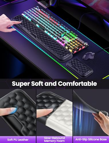 Wrist Rest for Keyboard and Mouse, gliship Wrist Rest for Computer Keyboard Mouse Memory Foam, Keyboard Arm Rest Wrist Support for Keyboard PU Leather with Non-Slip PU Silicone Base Pain Relief Black