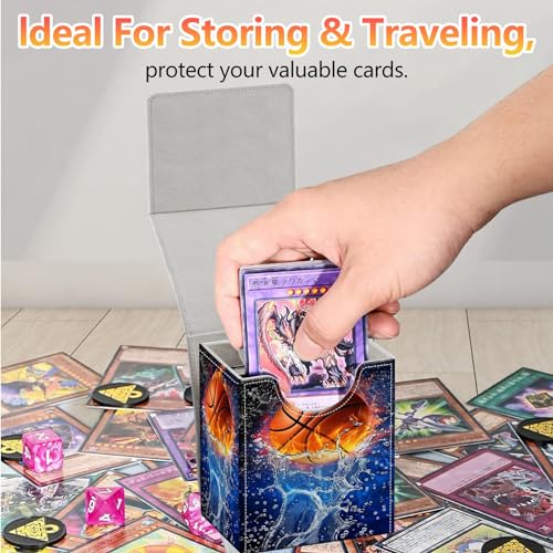 Card Deck Box, Card Storage Box Fits 100+ Single Sleeved Cards, Large Capacity PU Leather Card Storage Box with Strong Magnet for Magic Commander TCG CCG, Basketball - color: Basketball